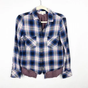 Cloth & Stone Plaid Frayed Split Hem Shirt Button Front Blue Purple Size Small - Picture 1 of 7