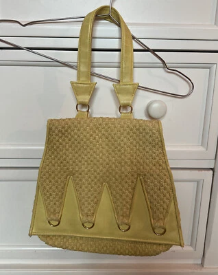 Vintage Vinyl Woven Flap Purse Yellow Ring Detail Unique 60’s 70’s Mod - Image 1 of 4