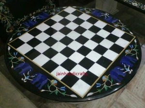 18'' Black Marble Chess Table Top Pietra Dura Inlay Malachite Children Game c21 - Picture 1 of 4