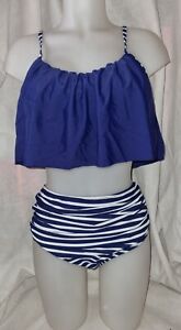 BNWT Gorgous navy blue striped bikini top bottom set size L UK 14 16 (TV)