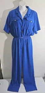 Vintage Saint Germain Petite Jumpsuit Womens Medium Button Blue Short Sleeve EUC - Picture 1 of 11