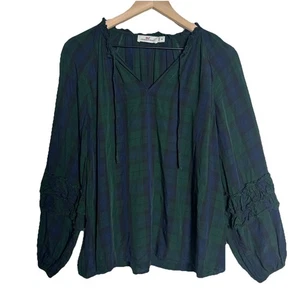 Vineyard Vines Medium kariert V-Ausschnitt Rüschen Langarm Bluse adrette Herbst grün - Bild 1 von 6