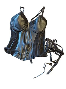 NWT Black Faux Leather & Mesh 2X Bustier Adjustable Straps & G-String Set Goth - Picture 1 of 9