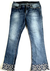 Miss Me Crop Boot Cut Jeans Gr. 28 dunkelblau Waschung Stretch Stickerei Verzierung - Bild 1 von 6