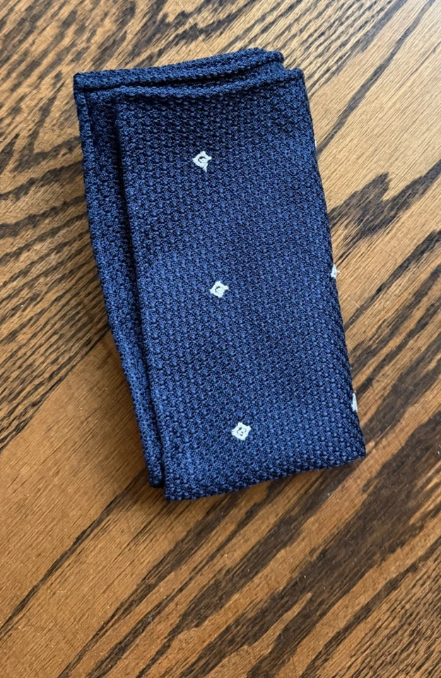 Sam Hober Navy Blue Grenadine Grossa White Flower Pocket Square - Image 1 of 4