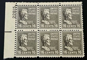 US STAMP BLOCK (6) ABRAHAM LINCOLN 1938 16c SC#821(PREXIE) PL.22815 MNHOG!! - Picture 1 of 2