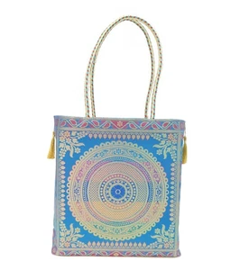 Turquoise Blue Mandala Handbag Indian Ethnic Woven Zari Brocade Shoulder Bag - Picture 1 of 8