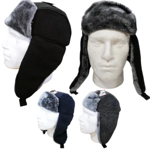 Trapper Hat Ear Winter Warm Flaps Fleece Buckle to Chin Black Adults Mens Unisex - Picture 1 of 4