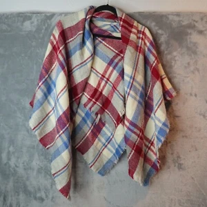 CHARLOTTE RUSSE Scarf Wrap Shawl Red Cream Blue Plaid Knit Americana 50" Square - Picture 1 of 7