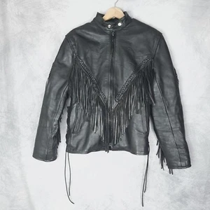 VNTG Unik Fringed Leather Jacket Womens Large Black Corset Laced Silver Tassel - Picture 1 of 24