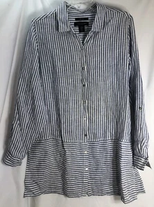 Tahari Women's Long Sleeve Button Up Blue Striped Linen Tunic Top Size Medium - Picture 1 of 11