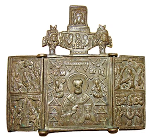 Orthodoxe Reise Ikone 19. Jh. Bronze Triptychon - Klappikone - Bild 1 von 4