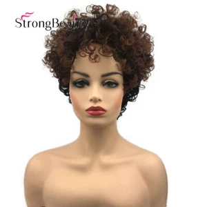 Women Short Curly Hair Wig Ombre Brown Afro Kinky Curly Synthetic Hair Wigs - Picture 1 of 4