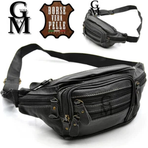 Uomo vera pelle marsupio borsa tracolla vita viaggio MULTI TASCHE nero vintage - Foto 1 di 10