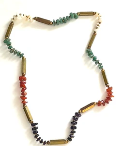 Artisan Crafted Gemstone Brass Beaded Carnelian Amethyst Aventurine 28" Necklace - Picture 1 of 7