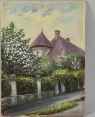 ::ÖLGEMÄLDE UNDEUTL. SIGN. 1986 STADTVILLA MIT BLÜHENDEM GARTEN RUSSISCH? - Bild 1 von 4