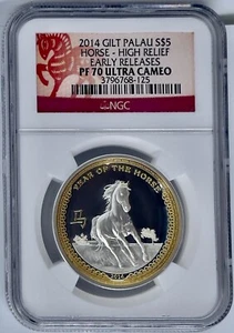 2014 Palau $5 Gilt Year of the Horse NGC PR70DCAM High Relief Early Releases - Picture 1 of 2