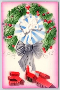 A Merry Christmas Embossed Wreath Ribbon House Angel Greetings Wishes Postcard - Picture 1 of 2