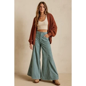 Free People Kellee hoch geschnittene Cord-Palazzohose Größe 8 meerschaumblau weites Bein - Bild 1 von 10
