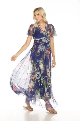 $435 NWOT Johnny Was Embroidery Mazzy Ruched Floral Maxi Dress Blue Size M - Image 1 of 4