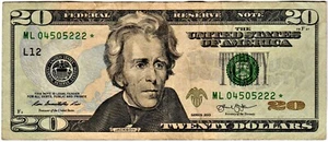 Federal Reserve Note $20.00 Star Note: Series 2013: BP# 62 - Picture 1 of 1