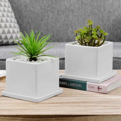 Square Planter Pots, Set of 2 - Small 5-Inch Cube Matte White Ceramic Flower - Image 1 of 4