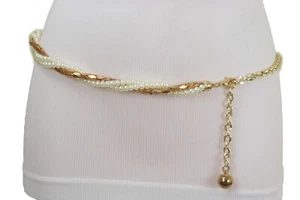 Women Gold Metal Twisted Braided Beads Thin Fashion Hip High Waisted Belt M L XL - Picture 1 of 24