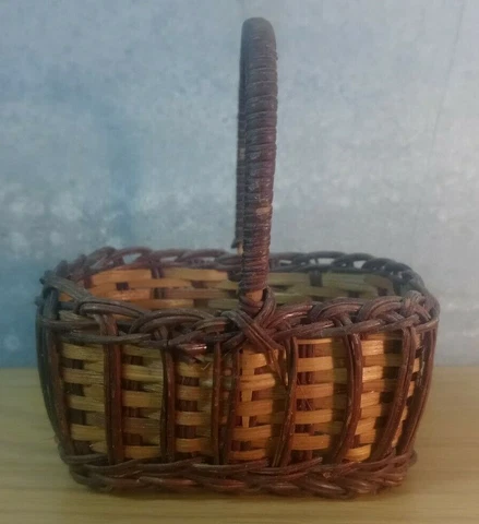 Vintage Miniature Two Toned Splint Basket with Handle Cover