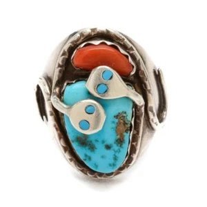 Sterling Silver SignedSnake Ring by Effie Calavaza Zuni with Turquoise and Coral - Picture 1 of 5