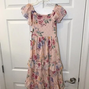 Girls Dress MEDIUM 7/8, Pink & Floral Tiered Maxi Dress Back To School - Picture 1 of 17