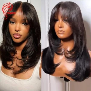 Layered Straight Curtain Bang 13X6 Deep Part Lace Front Wig Brazilian Human Hair - Foto 1 di 11