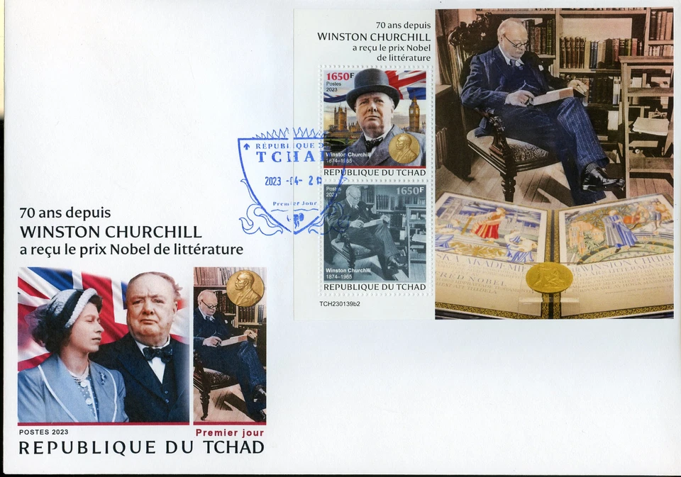 CHAD 2023 70º ANN OF CHURCHILL RECEBENDO O PRÊMIO NOBEL S/S CAPA DO PRIMEIRO DIA - Imagem 1 de 1