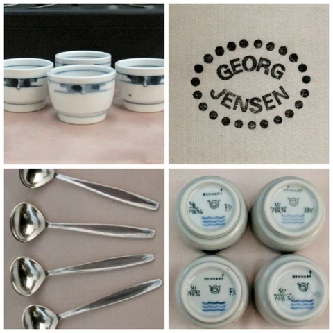 GEORG JENSEN ~ Set 4 Sterling Salt Spoons & Blue Gemina GETRUD VASEGAARD Cellars Cover