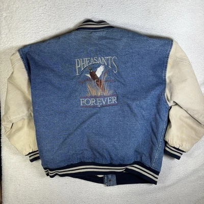 Chaqueta de mezclilla vintage Pheasants Forever para hombre 2XL Dugout universitaria acolchada forrada Foto 1 de 4