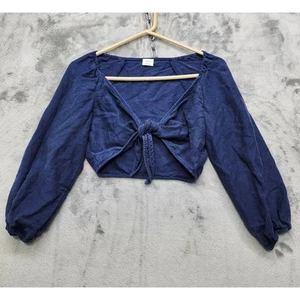 Aritzia Wilfred Top Womens S Blue Venus Tie Front Puff Sleeve Linen Blend Blouse - Picture 1 of 8