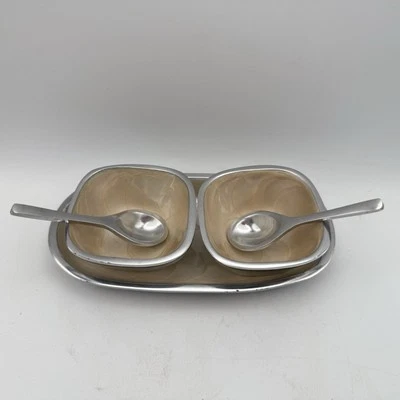 Silver And Enamel Salt Pepper Cellars Condiment Jelly 5 Pc Dish Tray - Image 1 of 4