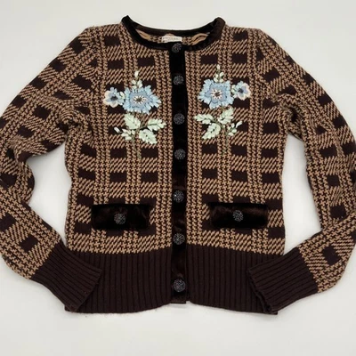 Unique Artisan Petite Cardigan PM Floral Appliqué Beaded Buttons Vintage Style - Image 1 of 4