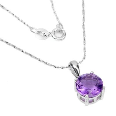 Collana In Argento Sterling 925 Con Gemma Di Ametista Rotonda 9Mm Gioielli 18 - Immagine 1 di 4