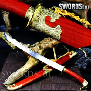 Ox-Tailed Chinese Qing Dynasty DAO Sharp Sword Red Wood Galsang Flower Fittings - Picture 1 of 10