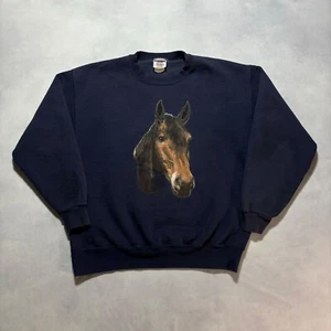 Vintage Horse Sweatshirt Crewneck Graphic Print Size Large Navy Blue Heavyweight - Picture 1 of 9