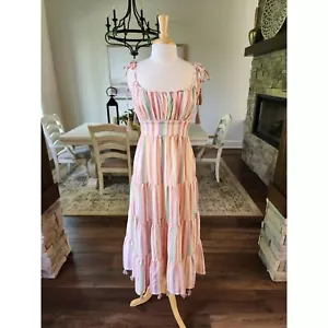 ChicWish Maxi-Kleid Regenbogen pastell gestreift bunt mit Quasten Boho Gr. M - Bild 1 von 10
