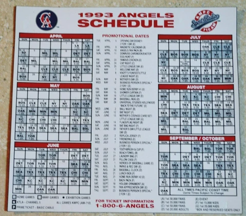 California Angels 1993 Schedule Magnet 6" x 5-1/2" Cover