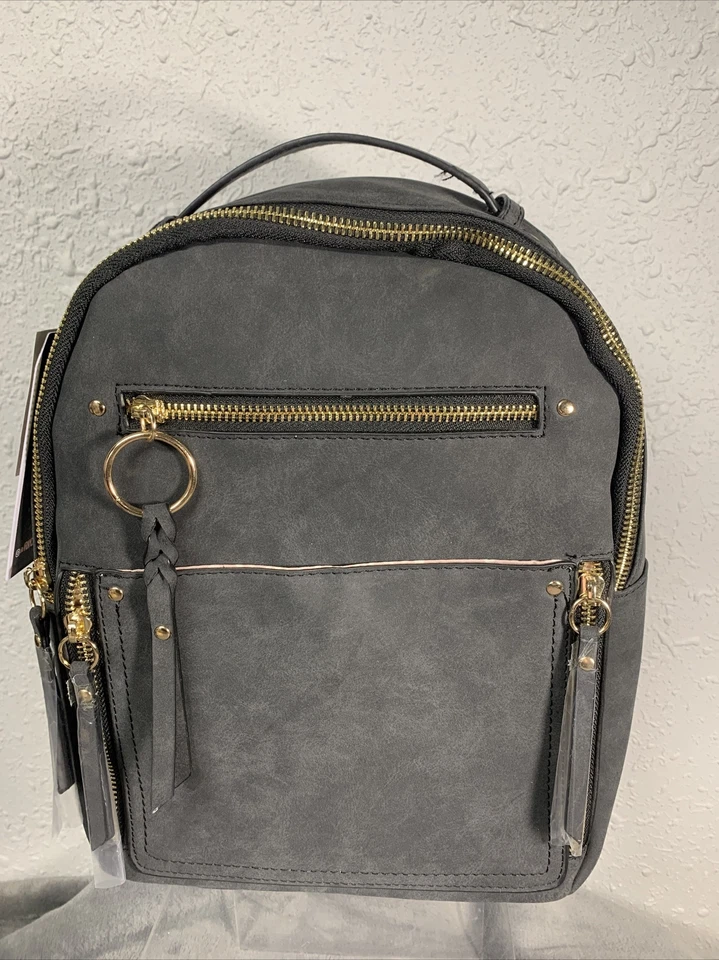 VR NYC Women's Faux Leather Backpack Purse Gray Bag Goldtone Zippers