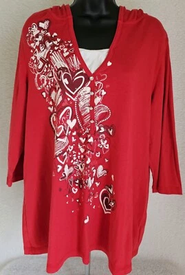 Essentials Womens Shirt Top Blouse Size 1X Red White Hearts - Image 1 of 4