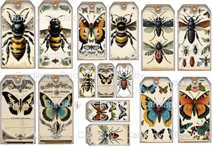 Junk Journal TAGS 15 Mixed Vintage Style Insects Butterfly Bees Scrapbook Gifts - Picture 1 of 1
