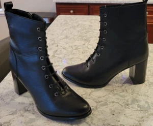 WOMEN'S FABIANELLI BOOTS BLACK LEATHER COMBAT LACE UP GRANNY ZIP UP SIZE 40 US 9 - Picture 1 of 9