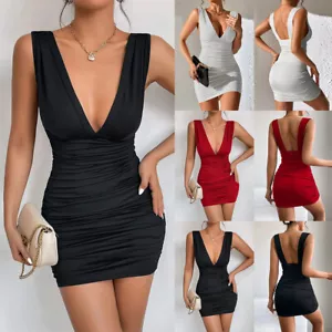 Sexy Women Deep V Neck Bodycon Mini Dress Evening Cocktail Party Ruched Clubwear - Picture 1 of 14