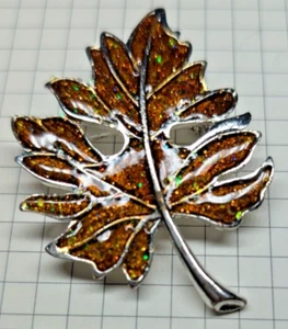 Vintage Enamel Autumn Fall Leaf w/ Glitter Brooch Pin - Picture 1 of 3