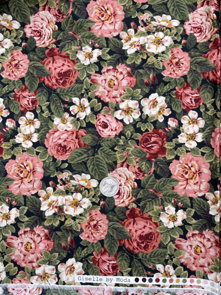 Vintage GISELLE de Moda - Flores rosas sobre fondo negro - Vendido por yarda Foto 1 de 1