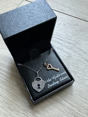 MACYS Heart Lock & Key Diamond Accent Pendants 14k Gold Over Sterling Silver NEW - Image 1 of 4